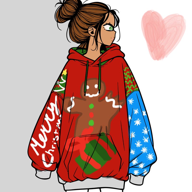 realistic girl with a oversized sweatshirt on and a bun