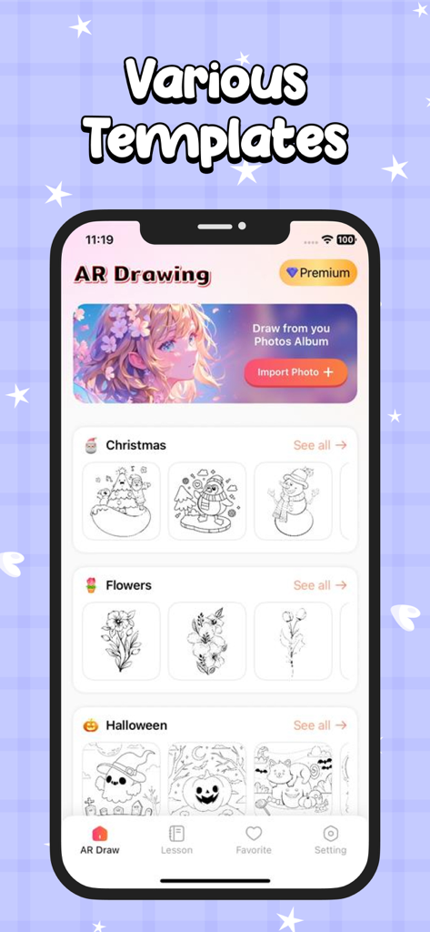 AR Drawing: Draw Sketch, Paint - ARドローイングアプリのライブラリのスクリーンショット。クリスマスフラワーやハロウィーンなどのカテゴリのさまざまな描画テンプレートが表示されている。