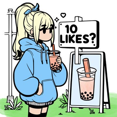 girl with oversized hoodie drinking boba and she has a high ponytail with a sign that says 10likes?