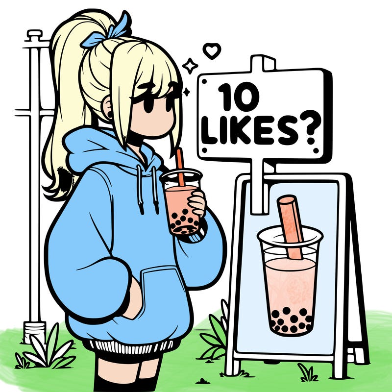 girl with oversized hoodie drinking boba and she has a high ponytail with a sign that says 10likes?