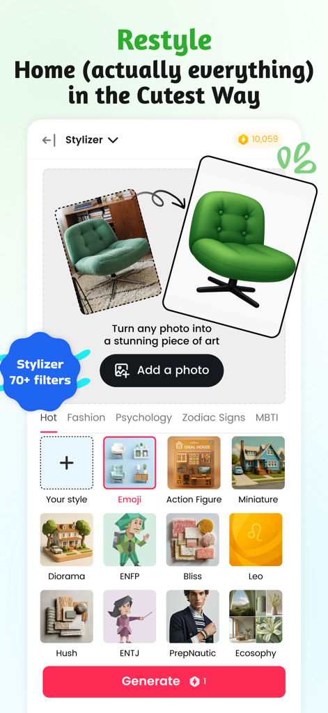 AI Home Design: Ideal House - AI Home Design app Stylizer screen showing various creative filters to restyle furniture.