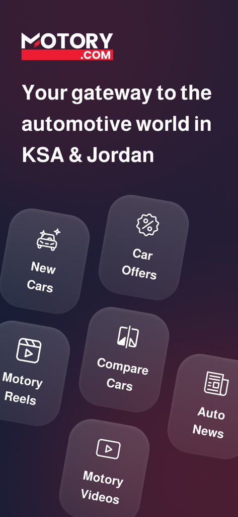 Motory - Cars For Sale Online - Motory app dashboard showing features for buying cars comparing vehicles and automotive news in KSA and Jordan