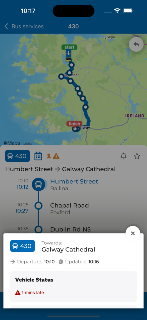 Irish Citylink - Interface de l'application mobile Irish Citylink montrant une carte d'itinéraire de bus et l'état du véhicule en temps réel pour un trajet vers la cathédrale de Galway.