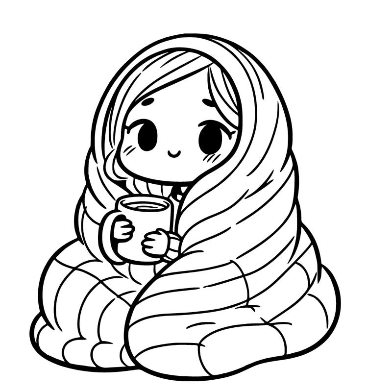 girl wrapped in a huge blanket, holding a cup.