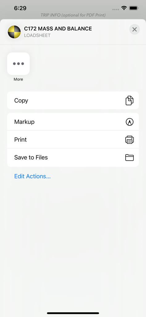 C172 M&B Mobile - App di massa e bilanciamento del Cessna 172 che mostra un menu con opzioni per copiare, annotare, stampare o salvare il foglio di carico di volo.