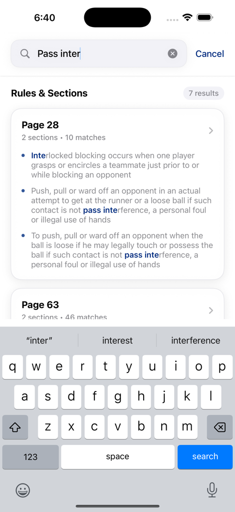 NFHS Digital - Search interface in the NFHS Digital app showing rule book results for pass interference