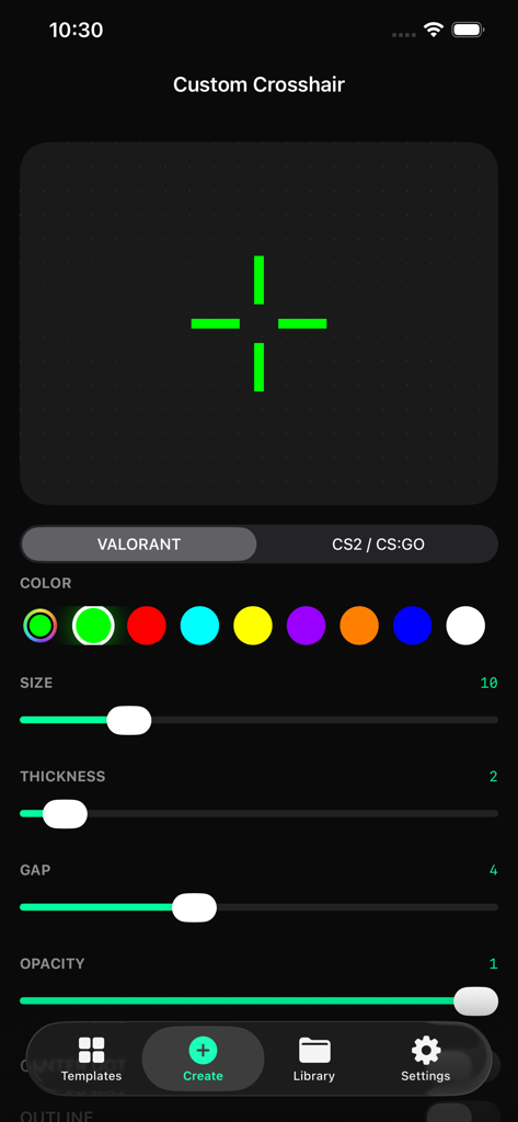 Custom Crosshair Aim - Interface of Custom Crosshair Aim app showing advanced editor tools to customize crosshair color size and thickness for Valorant and CS2