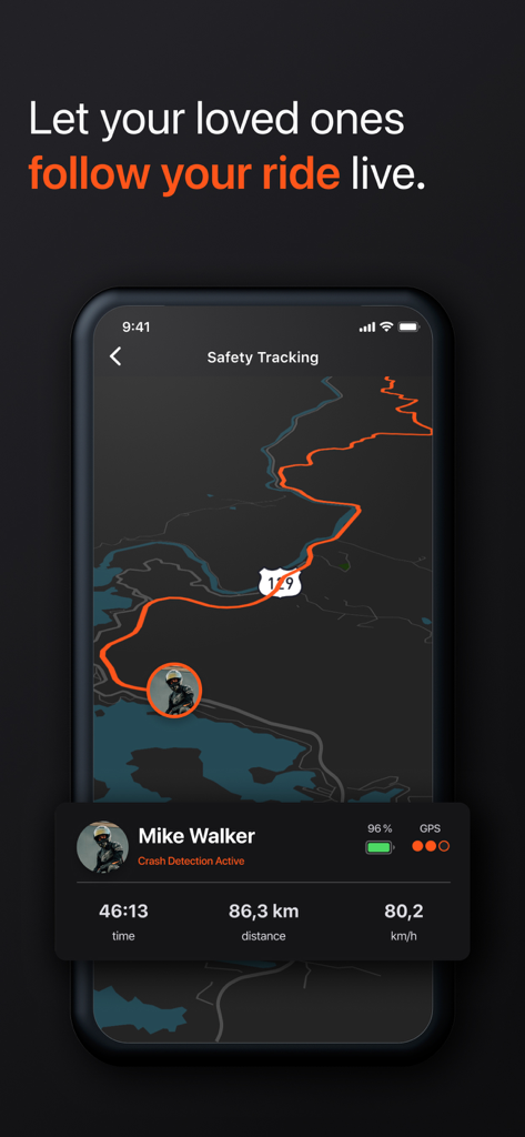 Smartphone screen displaying Detecht motorcycle safety tracking with live map and rider stats