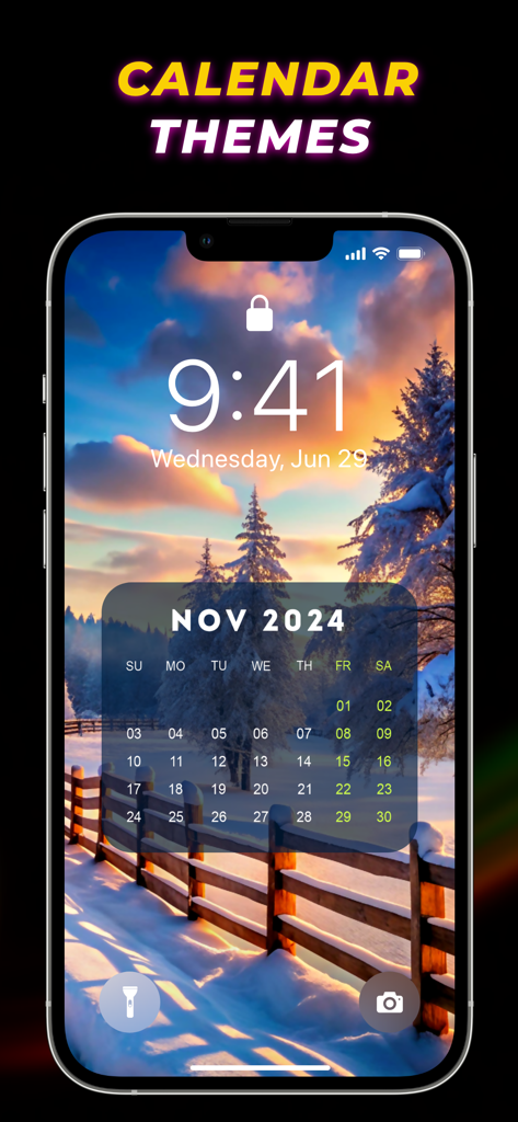 iPhone lock screen showing a calendar theme over a snowy sunset landscape