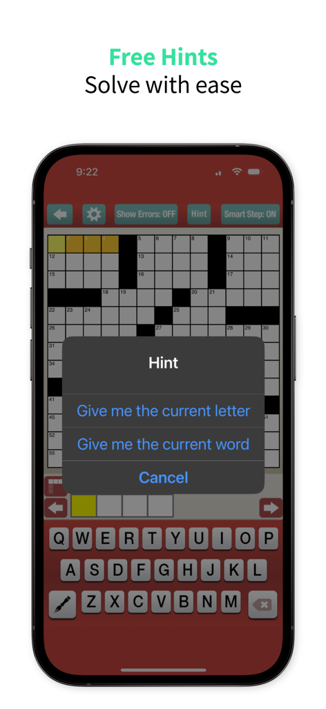 Penny Dell Daily Crossword - Penny Dell Daily Crossword game screen displaying the free hint menu with options to reveal a letter or word in the puzzle.