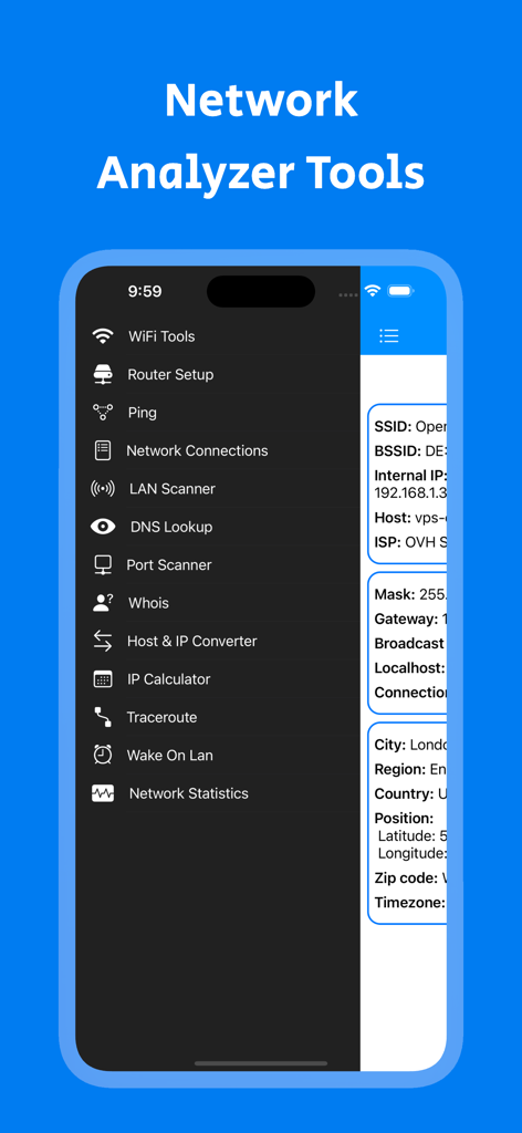 WiFi Tools & Analyzer - Una pantalla de smartphone que muestra el menú principal de la aplicación Herramientas y Analizador WiFi con una lista de herramientas de diagnóstico de red