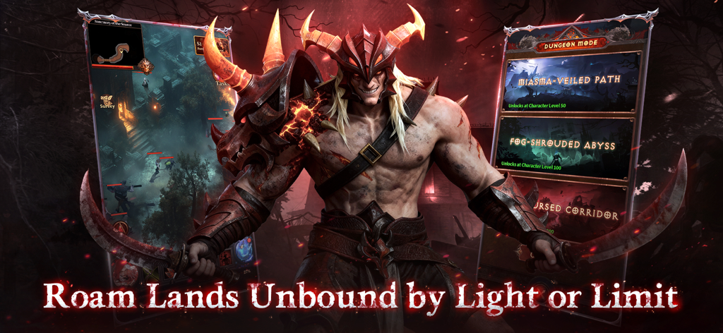 Dungeon of Exile - Un guerrero musculoso con cuernos sosteniendo dos espadas en el juego Dungeon of Exile con un menú de selección de mazmorras.