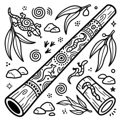 Introduce your toddler to the wonders of Australia with this delightful didgeridoo coloring page, designed with extra thick lines and simple shapes. They'll love coloring the didgeridoo alongside friendly kangaroos, lizards, and snakes, perfect for developing fine motor skills.