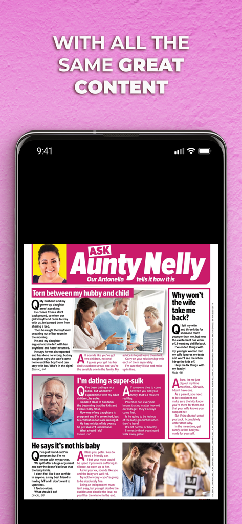 Chat Magazine - A smartphone screen displaying the Ask Aunty Nelly advice column from Chat Magazine.