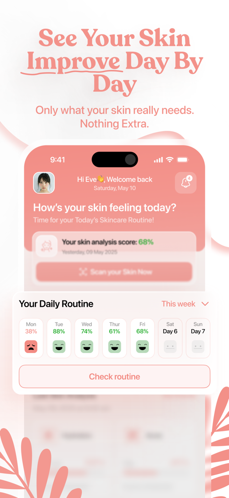 Aura - Clear Up Your Skin - Aura app dashboard showing daily skincare routine and skin health progress tracking.