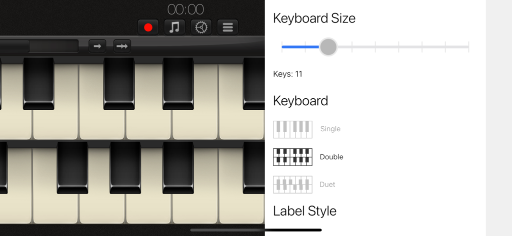 Grand Piano ∞ - Interface of Grand Piano app showing settings for keyboard size and layout modes