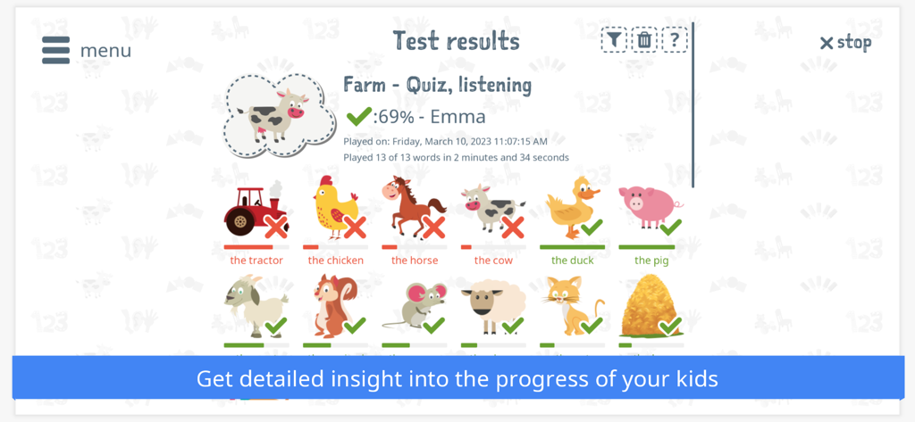 Learn Languages With Emma - Informe de progreso detallado que muestra los resultados de la prueba de vocabulario de animales de granja en la aplicación Learn Languages With Emma