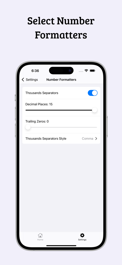 Fluid Mechanics Calculator - Settings screen of the Fluid Mechanics Calculator app for configuring number formatters like decimal places and thousand separators.