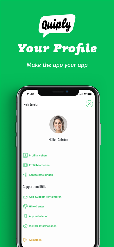 Quiply - The Employee App - Smartphone screen showing the Quiply app user profile and settings menu
