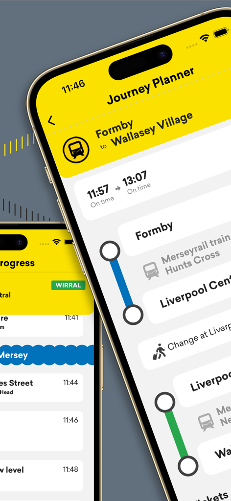 Screenshots of the Merseyrail app showing journey planning and live train progress.