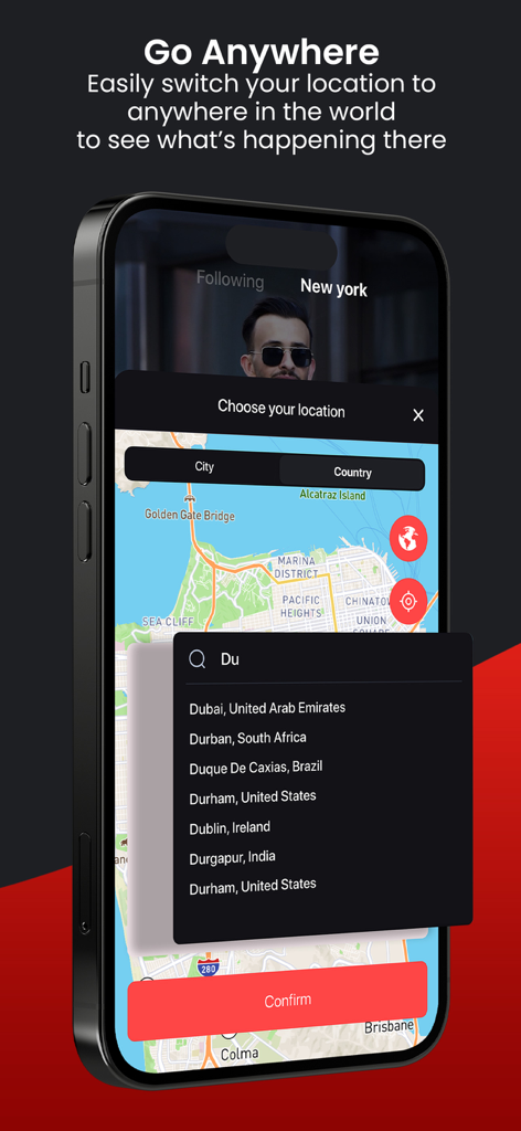 Redz: Explore content nearby - Redz app interface showing the Go Anywhere feature which allows users to search and switch to different global locations on a map.