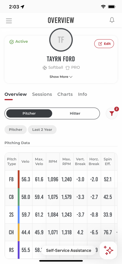 Rapsodo Diamond app interface showing a softball player profile with a detailed pitching data table including velocity and spin rate metrics