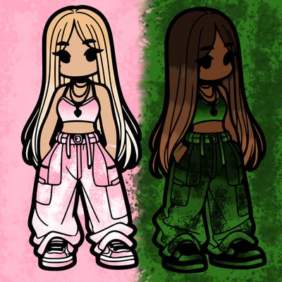 girl in baggy pants crop top and long hair