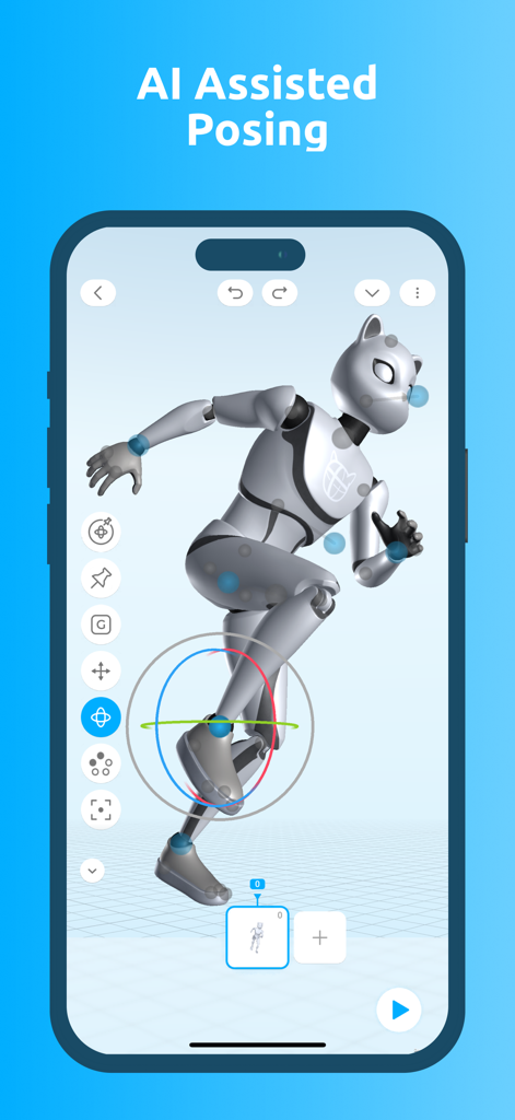 Posing assisté par IA d'un personnage 3D dans l'application d'animation mobile Cascadeur