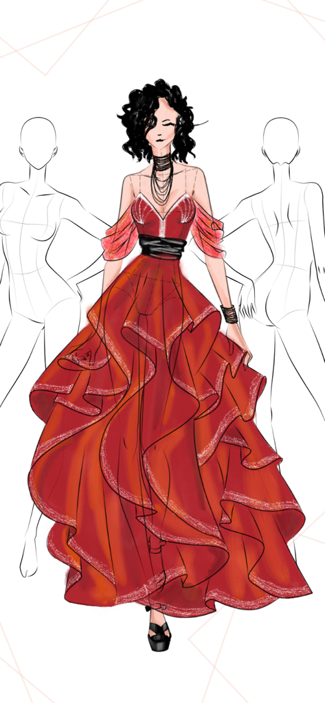 A detailed fashion illustration of a layered red gown with a black belt created using the digital sketching app