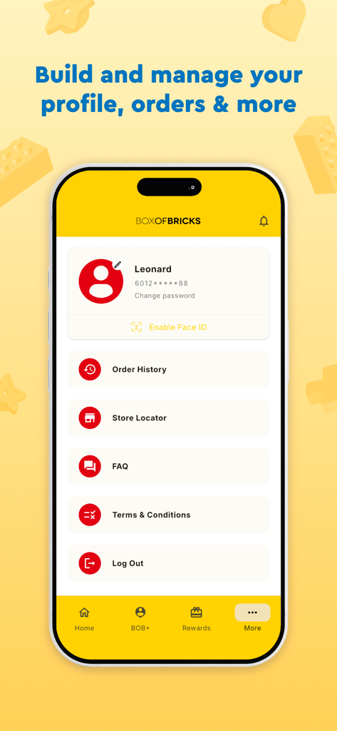 BoxOfBricks mobile app user profile and order history screen