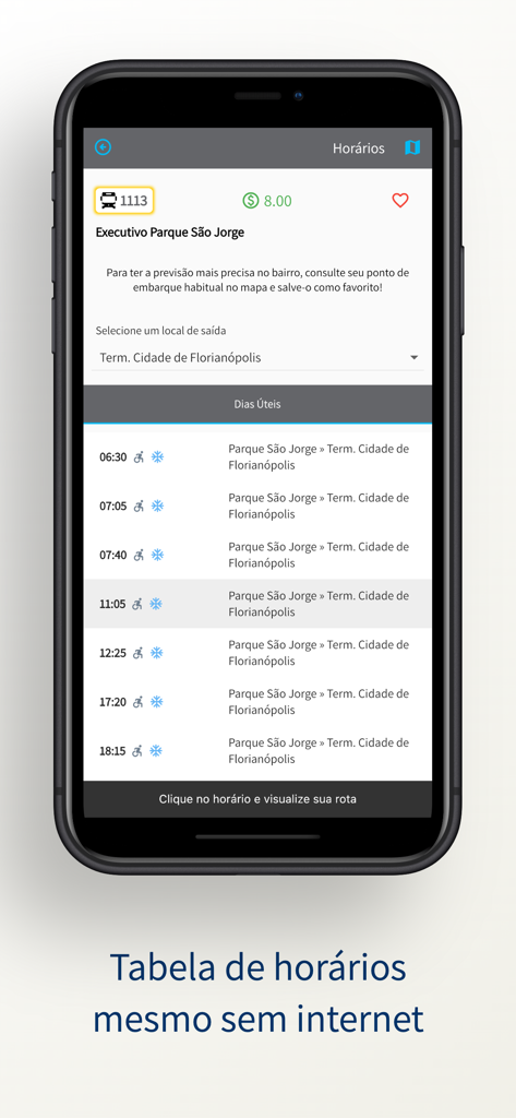 Horário de ônibus offline para o transporte de Florianópolis na tela do aplicativo Floripa no Ponto