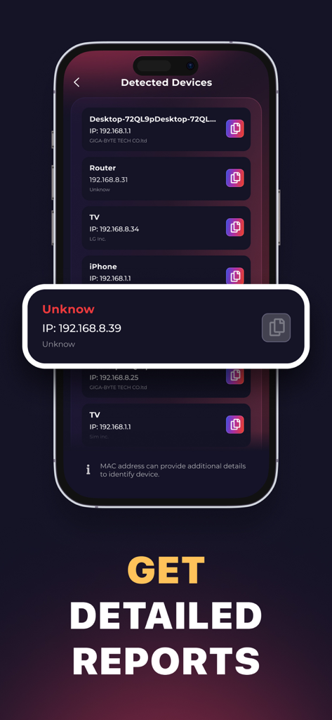 Hidden & Spy Camera Detector - Interface showing detected devices on a WiFi network with a highlighted unknown device