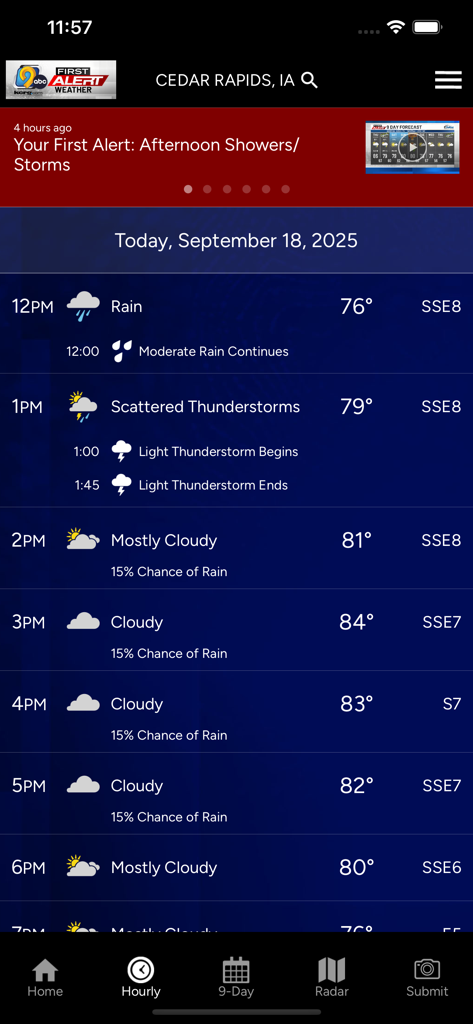 KCRG-TV9 First Alert Weather - Hourly weather forecast for Cedar Rapids Iowa on the KCRG First Alert Weather app showing rain and thunderstorms.