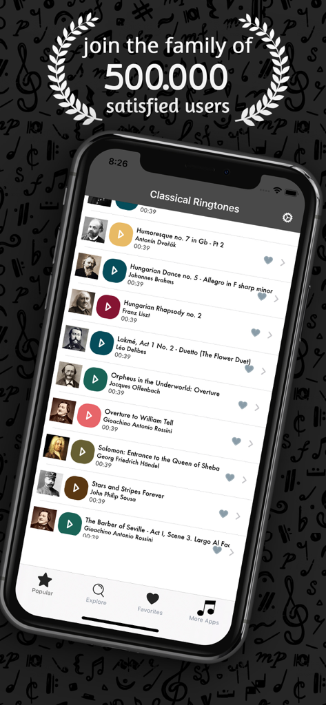 Classical Music Song Ringtones - ブラームス、リスト、ドヴォルザークなどの作曲家が登場するアプリのクラシック音楽着メロのリスト。