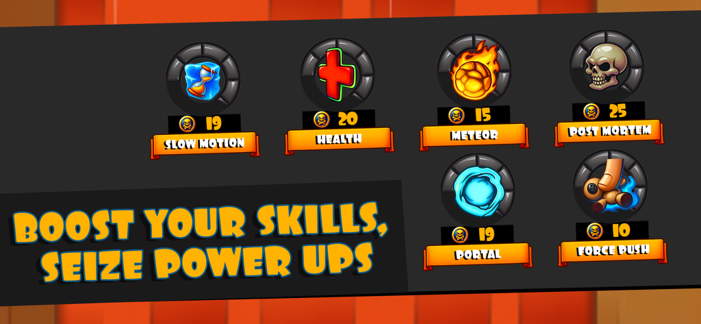 Falling Fred Redux - A menu in Falling Fred Redux showing upgradeable power ups and skills like slow motion and health.