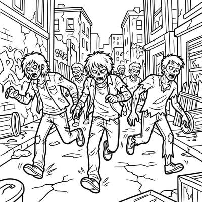 Dive into an exciting zombie apocalypse with this dynamic coloring page featuring a horde of running zombies in an urban setting. Designed with clear lines and large areas, it offers a relaxing and engaging coloring experience perfect for seniors.