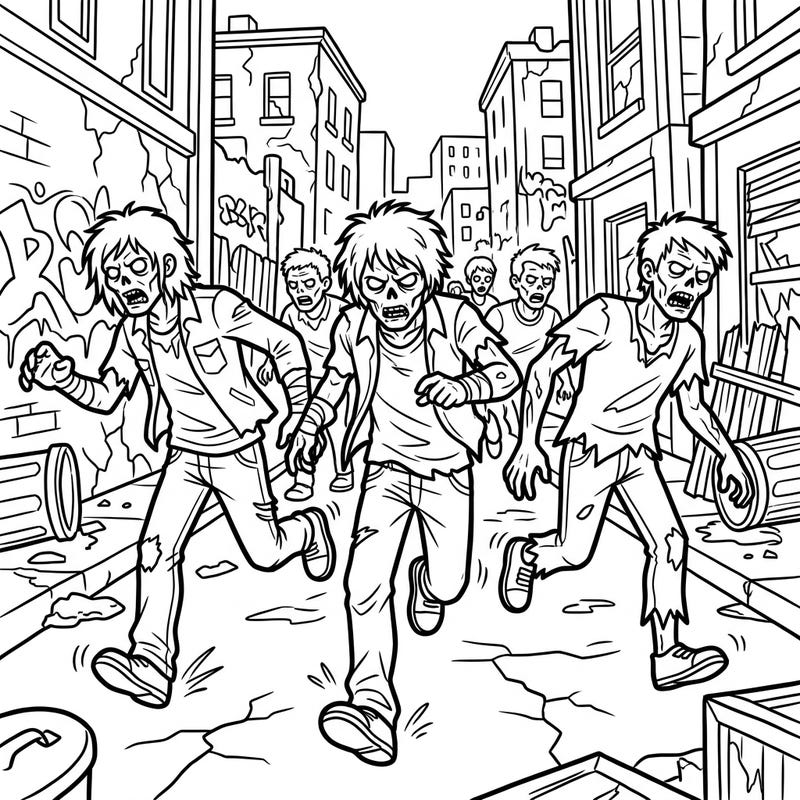 Dive into an exciting zombie apocalypse with this dynamic coloring page featuring a horde of running zombies in an urban setting. Designed with clear lines and large areas, it offers a relaxing and engaging coloring experience perfect for seniors.