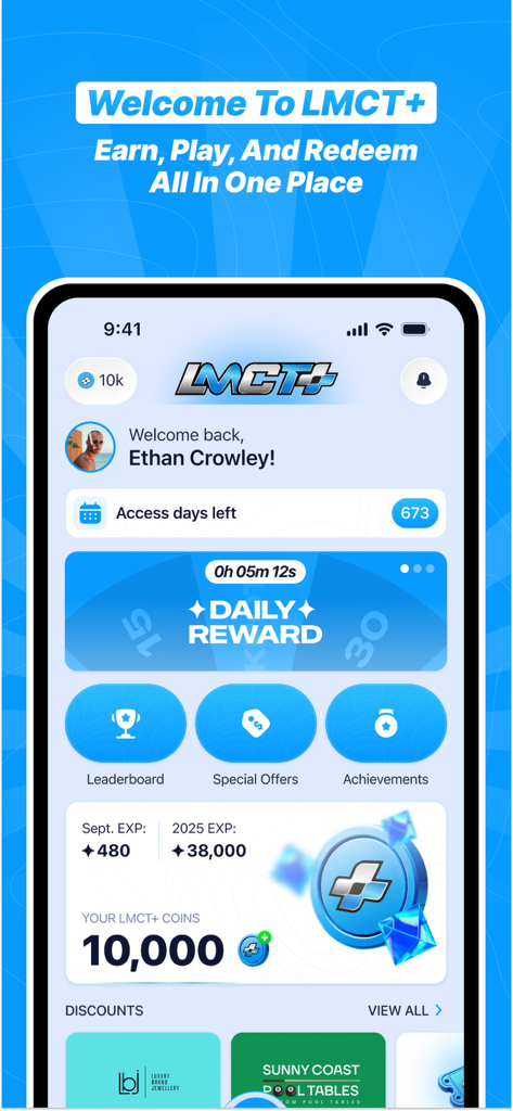 LMCT+ - LMCT plus app home screen showing user dashboard with daily rewards coins and special offers