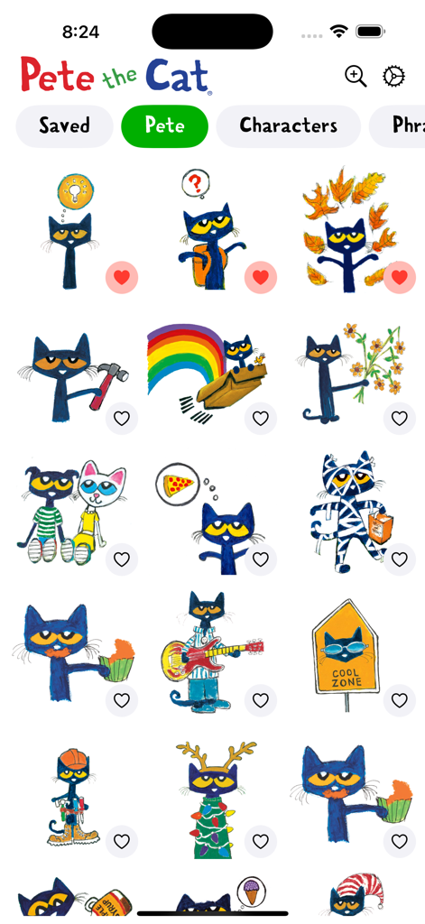 Pete The Cat - Stickers - A menu showing a variety of Pete the Cat iMessage stickers with different costumes and expressions