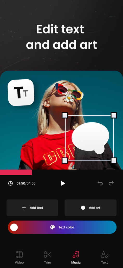 Combine Videos Editor - Screenshot of the Combine Videos Editor mobile app showing options to edit text and add art overlays on a video clip.