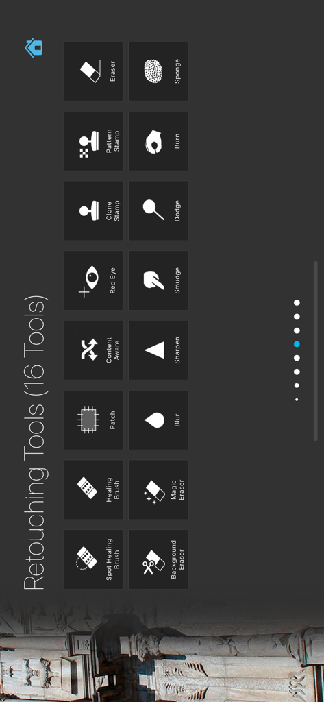 Grid layout showing 16 Photoshop retouching tools with icons in the Learn Ps Tools app