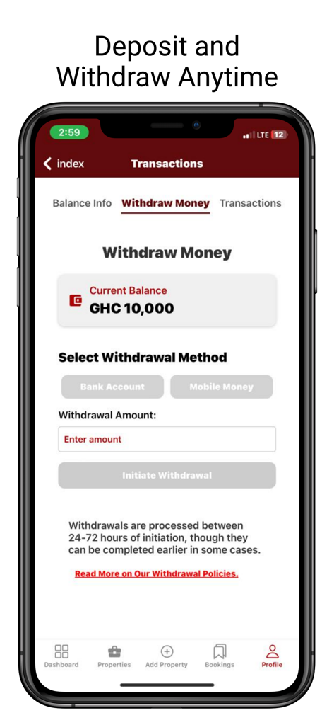 Hostelhubb Admin - Aplicación Hostelhubb Admin que muestra la pantalla para retirar dinero con el saldo y la selección del método de pago