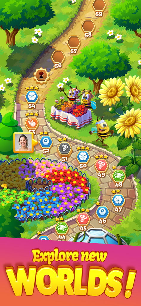 Bee Brilliant Blast - Map screen in Bee Brilliant Blast showing level progression through a flowery landscape.