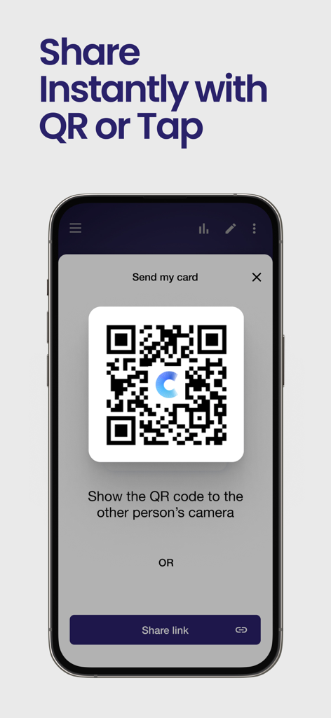 Covve - Digital Business Card - Covve app interface showing a QR code to share contact details instantly