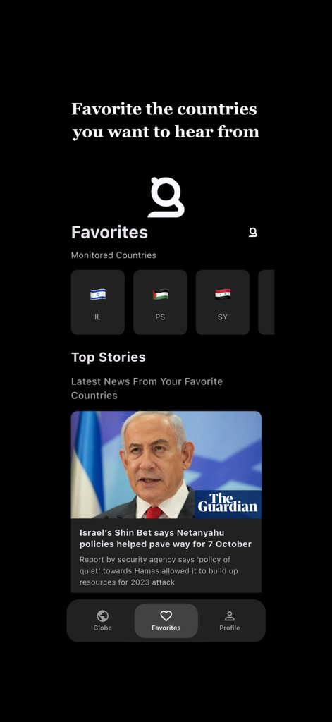 GeoFront - GeoFront app interface showing the favorites screen with monitored countries and a news feed of top geopolitical stories.