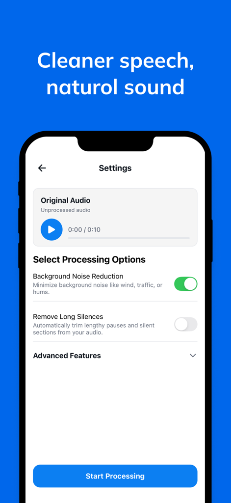 Noise Remover - Smartphone screen displaying Noise Remover app settings for background noise reduction and silence trimming