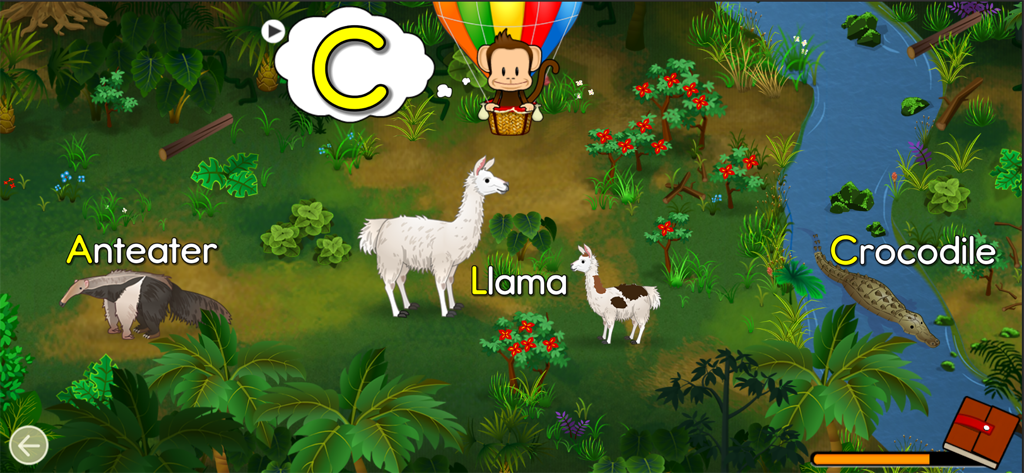 Monkey Preschool Animals - Milo the monkey teaching alphabet letters with an anteater llama and crocodile in a jungle setting