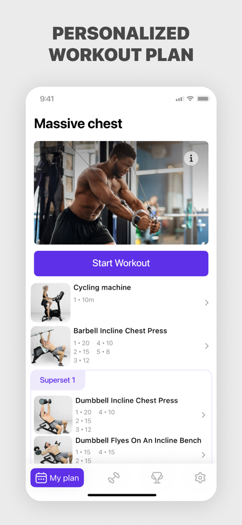 さまざまなエクササイズのデモンストレーションとスタートボタンが表示された、パーソナライズされた胸部ワークアウトプランのモバイルアプリ画面。