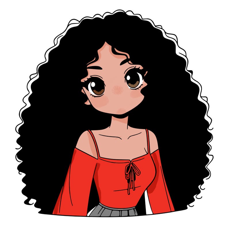 a black anime girl with long afro hair