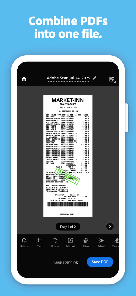 여러 페이지를 하나의 PDF 파일로 결합하는 기능을 보여주는 스캔한 영수증이 있는 Adobe Scan 앱 인터페이스
